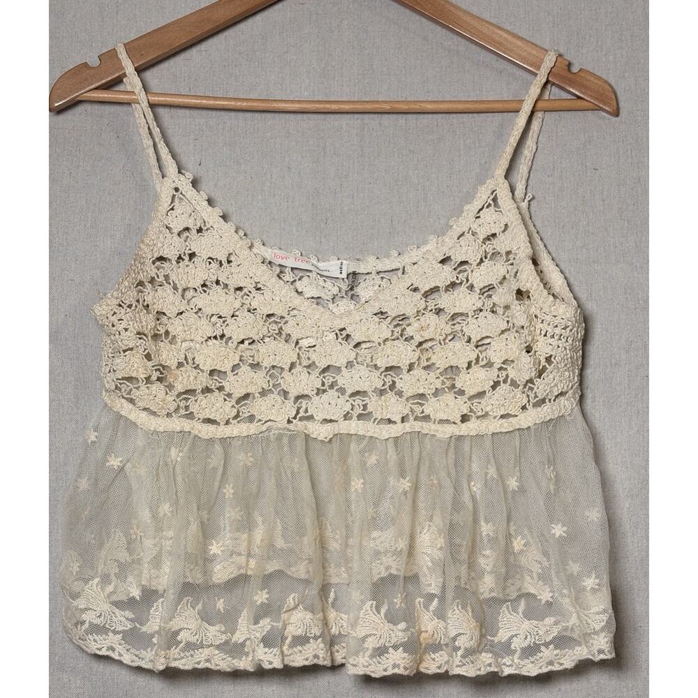 Love Tree Happens Women's Lace Tank Crop Top Medium White Crochet Boho Festival‎